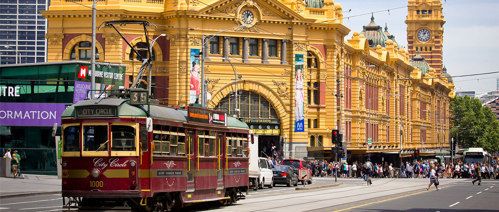 Flinders Street Stateion in the Melbourne CBD with an iconic Melbourne tram in the foreground.